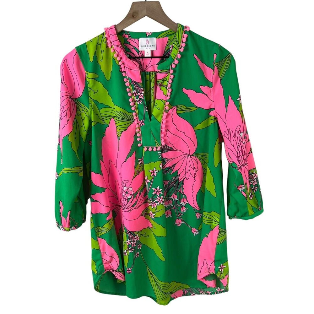 Julie Brown Womens Small Petite Bright Floral 3/4 Sleeve Spit V Neck Blouse
